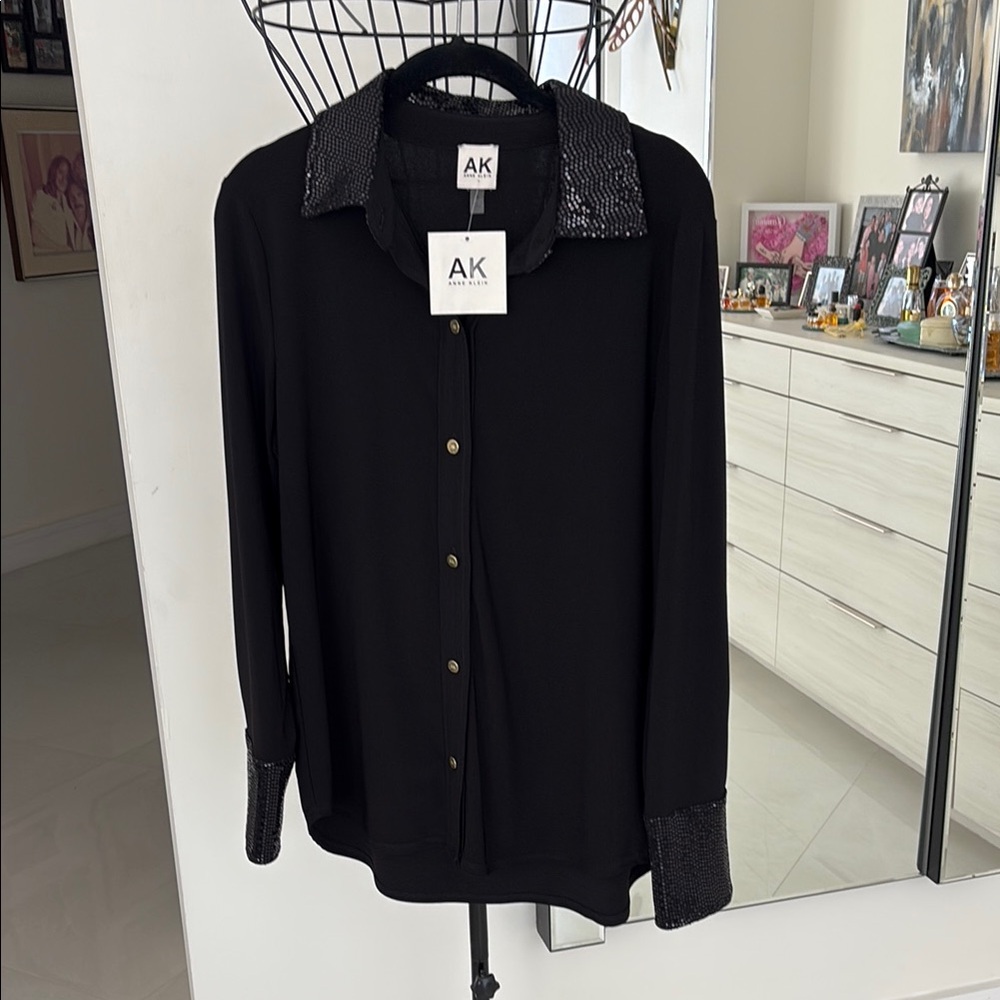 NWT Anne Klein Black Button Down Shirt with Sequin Details